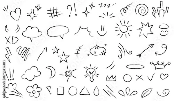 Fototapeta Hand drawings of characters, doodle of stars, emoji, chat cloud, idea, swirl, sun, arrow, shapes, crown and more. Vector on transparent background