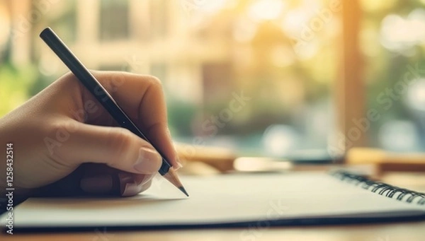 Fototapeta Hand Writing on Notebook Near Window