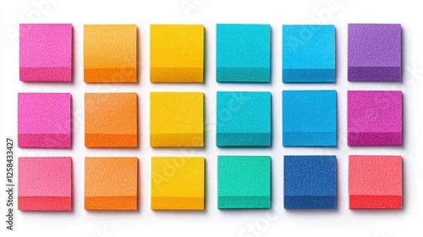 Fototapeta A vibrant arrangement of colorful square sponges in various shades, showcasing a mix of pink, yellow, blue, and orange hues in a neat grid pattern.