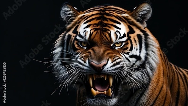Obraz Majestic Roaring Tiger with Striking Features, A fierce tiger with vibrant stripes and an intense expression, perfect for wildlife enthusiasts and art projects.