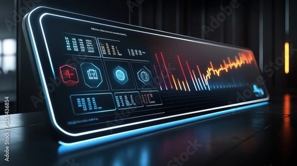 Fototapeta A sleek, illuminated digital chart showing the yearly business goals broken down by quarter, with each section represented by a holographic icon for key performance indicators