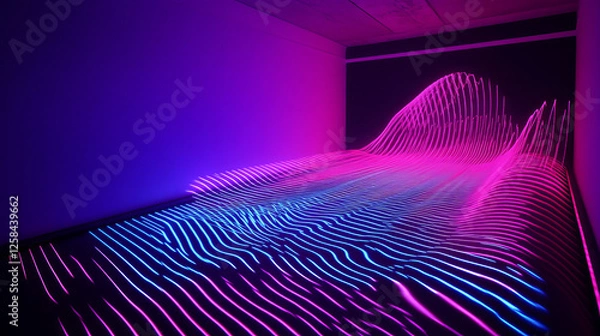 Fototapeta Neon laser wave for music equalizer concept. Realistic vector illustration of abstract pink and blue glow line as sound energy pulse. Gradient led fluorescent dynamic chart for synthwave design.