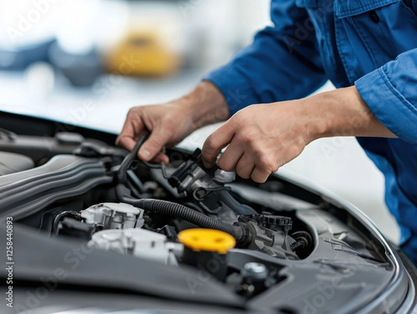 Fototapeta Car engine repair and testing service by mechanic. A mechanic working on a car engine, using tools to perform maintenance or repair tasks in an automotive workshop.