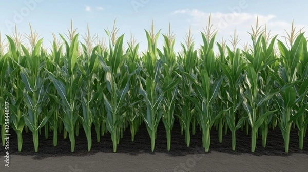 Fototapeta Rows of vibrant corn plants stretch across the field, reaching for the sun in a lush agricultural landscape on a sunny day