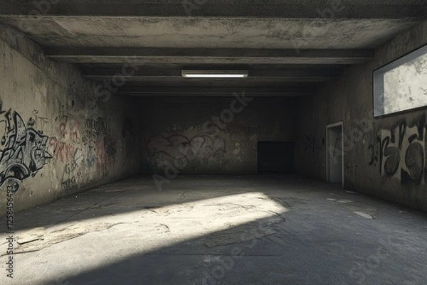 Fototapeta A large concrete room with an open ceiling, an industrial-style interior design.