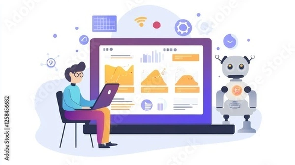 Fototapeta Man working on a laptop with an AI-driven data analysis dashboard, reviewing insights for business planning with the help of smart robot agents and AI workflows.
