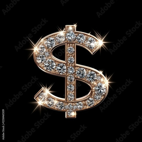 Fototapeta Sparkling dollar sign adorned with diamonds against a black background highlighting luxury and wealth