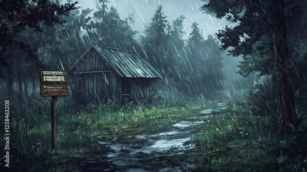 Fototapeta Wooden house standing in forest under rain. Cartoon wet weather summer landscape of woodland with signboard near path leading to small shack, green trees and puddles. Rainy gloomy and overcast scenery