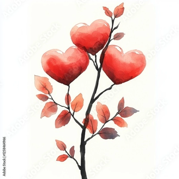 Fototapeta Watercolor Hearts on Branch with Red Leaves and White Background