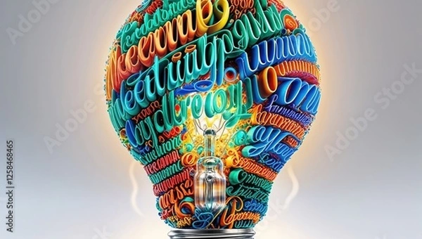 Fototapeta A colorful light bulb filled with various words and phrases representing creativity and innovative ideas. The design is vibrant and visually engaging, capturing the essence of imaginative thinking