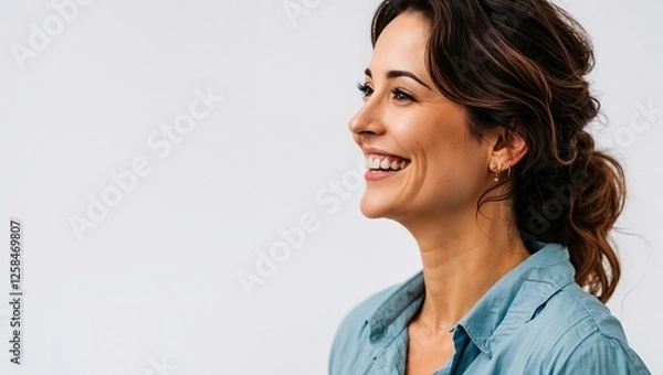 Fototapeta Closeup Portrait of Happy Young Lady Women with Smile Face Side View isolated on white background, Copy space for text and advertisement.