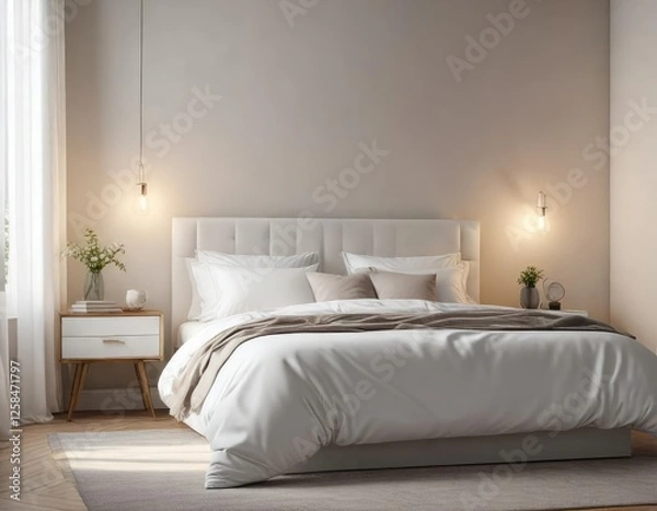 Fototapeta Elegant bedroom scene with a white bed and matching pillow against a soft background, bedroom, simple elegance, restful atmosphere