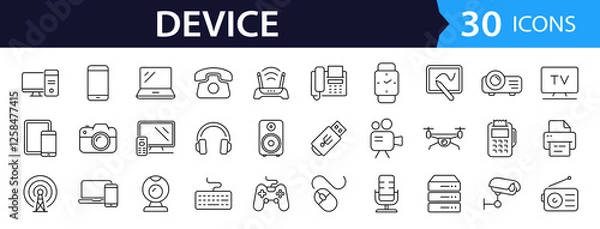 Obraz Devices set of web icons in line style. Electronic devices and gadgets icons for web and mobile app. Smart devices, technology, computer monitor, smartphone, tablet, laptop, drone. Vector illustration