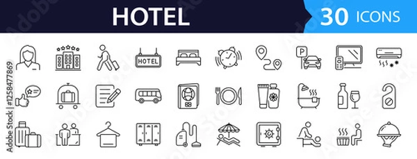Obraz Hotel set of web icons in line style. Hotel and vacation icons for web and mobile app. Hotel services, recreational rest, relax, travel. Vector illustration