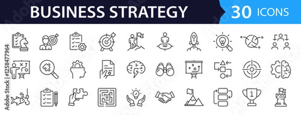 Fototapeta Business strategy set of web icons in line style. Business solutions icons for web and mobile app. Action List, research, solution, team, marketing, startup, advertising, business process, management