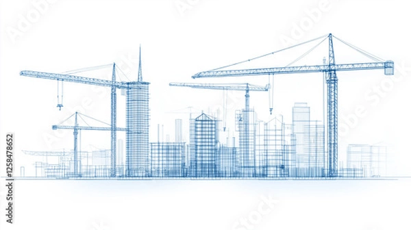 Fototapeta Blueprints for Progress: A stylized depiction of a city skyline under construction, showcasing cranes and building frames in a blueprint-like aesthetic. The image represents growth, development.