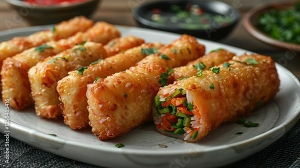 Fototapeta A close-up of crispy, golden spring rolls, freshly fried, paired with a dipping sauce in a stylish white dish. 