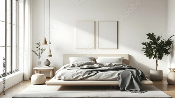 Fototapeta Calming Bedroom: A minimalist bedroom with a low platform bed, neutral bedding, and a few geometric art pieces.