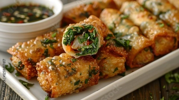 Fototapeta Golden spring rolls: Freshly fried, with one cut open to reveal a steaming hot filling of vegetables and shrimp.