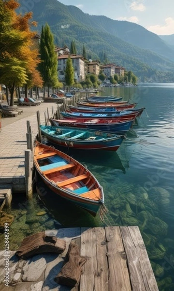 Fototapeta Fishing boats tied to the dock on Lake Maggiore, trees, lake