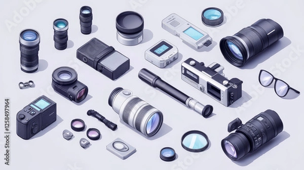 Fototapeta Professional camera lens, binoculars glass, spyglass, optics device camera. digital focus optical equipment vector illustration