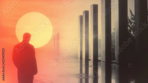 Fototapeta Silhouette of a man standing before tall pillars at sunset. Warm, orange hues dominate the scene, creating a contemplative mood.