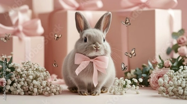 Fototapeta A delightful bunny, adorned with a charming pink bow, playfully frolics among vibrant flowers and fluttering butterflies in a whimsical, pastel-colored paradise