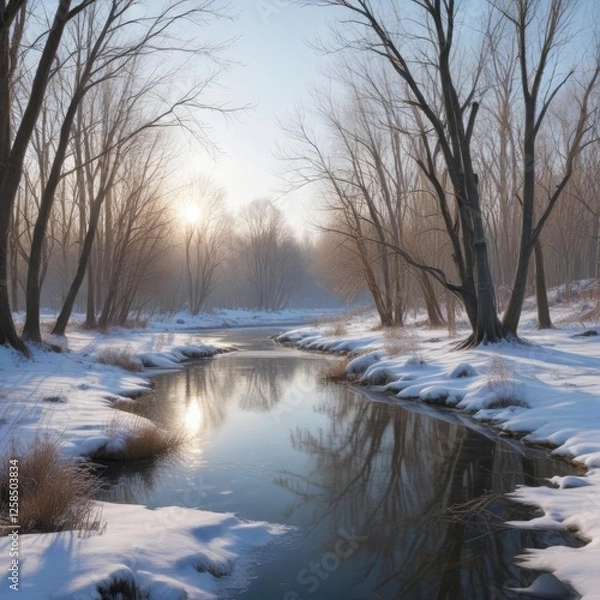 Fototapeta Frozen pond in the woods with a few bare willow trees surrounding it , woodland scene, bare branches