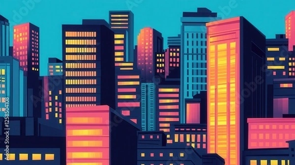 Fototapeta Vibrant Cityscape at Dusk with Illuminated Skyscrapers and Skyline