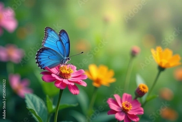Fototapeta Vibrant blue butterfly in a floral field , colorful, flowers, green