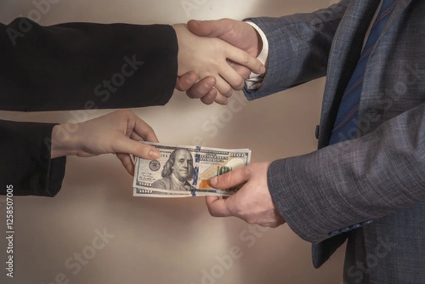 Fototapeta Handshake with dollar bills being passed from one hand to the other. Bribe. Corruption.