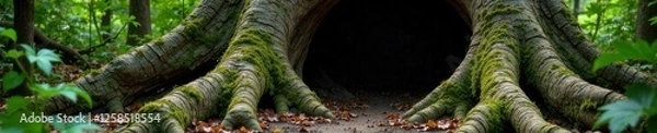 Fototapeta Vines and moss spill from the hole in a giant, ancient tree trunk, overgrown, foliage, natural