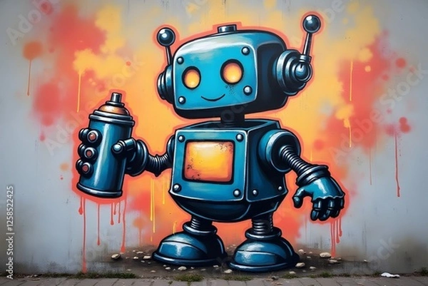 Fototapeta A spray-painted street artwork of a friendly robot holding a graffiti spray can.