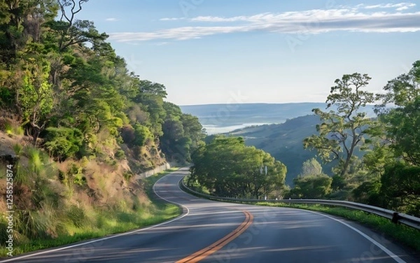 Fototapeta A photo of a winding road leading up a hill, with a view of the surrounding landscape.