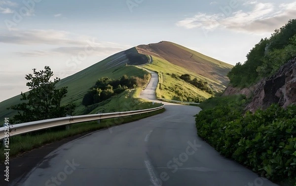 Fototapeta A photo of a winding road leading up a hill, with a view of the surrounding landscape.