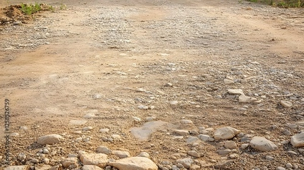 Obraz High-resolution photo of gravel road texture, dry soil, stones, and rocks under sunlight. Suitable as a background or texture.