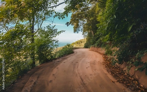 Fototapeta A photo of a winding road leading up a hill, with a view of the surrounding landscape.