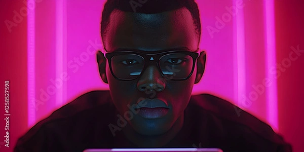 Obraz Cyberpunk Man Gazing Intently at Screen, Neon Glow, Futuristic Vibe