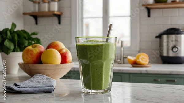 Fototapeta A vibrant green smoothie in a clear glass, placed on a counter top surrounded by fruit, healthy living lifestyle