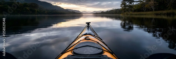 Obraz Kayaking at Dawn, Serene River, Majestic Mountains, Peaceful Paddle