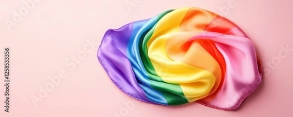 Fototapeta Vibrant Rainbow Fabric Drape Against Soft Pink Backdrop