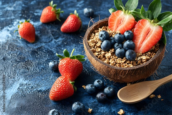 Obraz Healthy Granola Bowl with Berries & Strawberries, a Delicious and Nutritious Breakfast Option.