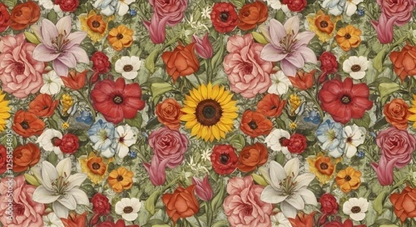 Fototapeta Colorful Floral Pattern with Roses, Lilies, Tulips, and Sunflower