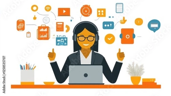 Obraz Happy Businesswoman Multitasking Laptop Colorful Icons
