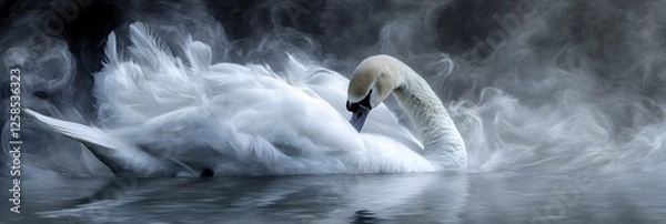Fototapeta A majestic swan adorned in a sumptuous feathered cloak exuding regal elegance against a tranquil misty lakeside backdrop