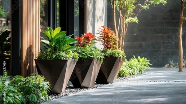 Fototapeta Modern Geometric Planters with Lush Greenery in a Contemporary Courtyard