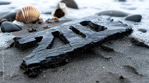 Obraz Ocean's Enigma, Black Wooden Plank with Carvings on Sandy Beach near Shells and Stones