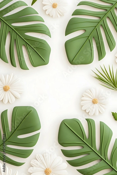 Fototapeta Botanical layout featuring Monstera leaves and white daisies, flat lay. Background for creative designs