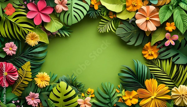 Fototapeta Colorful paper flowers and tropical leaves border, blank space for text or design, illustrative design