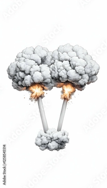 Fototapeta Explosions of two mushroom clouds with flames. Isolated, for illustration of danger, impact and threat